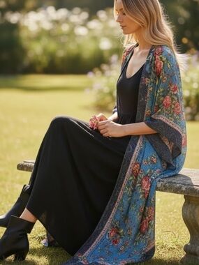 Blue Floral Kimono Cardigan with Rose Print